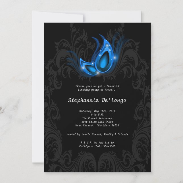 5x7 Blue Masquerade Sweet 16 Birthday Invitation (Front)