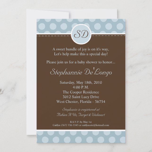 5x7 Blue Monogram Polka Dot Baby Shower Invitation (Front)