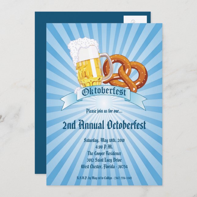 5x7 Blue Oktoberfest Beer Pretzel Party Invitation (Front/Back)