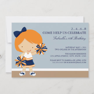 5x7 Blue/Orange Cheerleader Birthday Party Invite