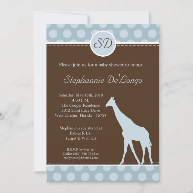 5x7 Blue Polka Dot Giraffe Baby Shower Invitation (Front)