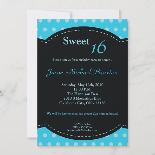 5x7 Blue Polkadot Sweet 16 Birthday Invitation (Front)