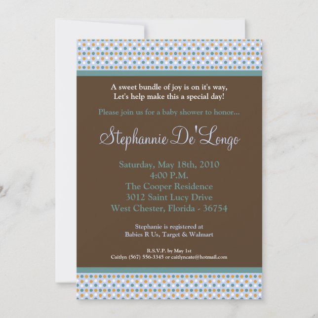 5x7 Blue Sweetheat PolkaDot Baby Shower Invitation (Front)
