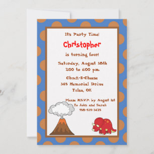 5x7 Blue Tan Polkadot Dinosaur Birthday Invite