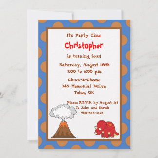 5x7 Blue Tan Polkadot Dinosaur Birthday Invite
