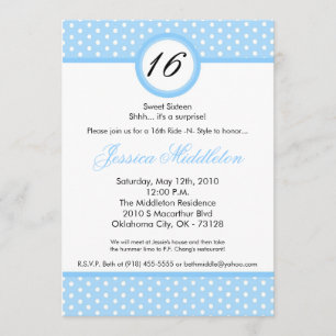5x7 Blue White Polka Dot 16th Birthday Invitation