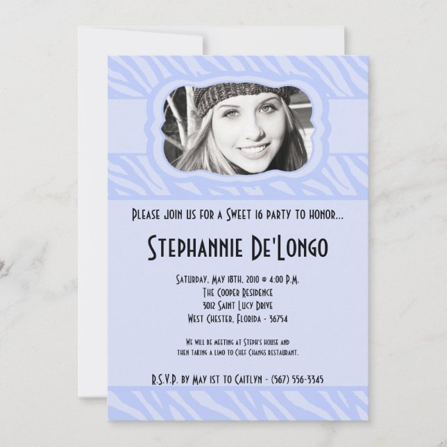 5x7 Blue Zebra PHOTO Sweet 16 Birthday Invitation (Front)