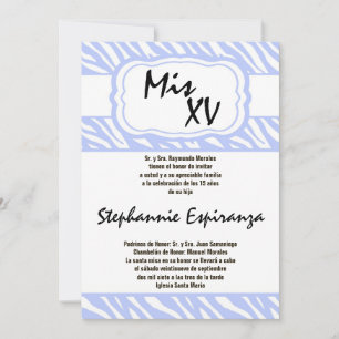 5x7 Blue Zebra Print Quinceanera 15 Invitation