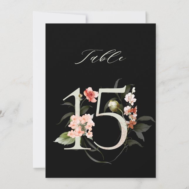 5x7 Botanical Floral Number 15, Black Table Number (Front)
