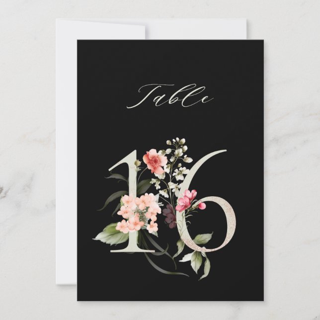 5x7 Botanical Floral Number 16, Black Table Number (Front)