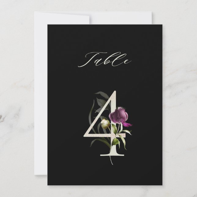 5x7 Botanical Floral Number 4, Black Table Number (Front)