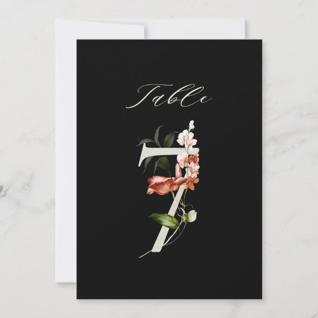 5x7 Botanical Floral Number 7, Black Table Number (Front)