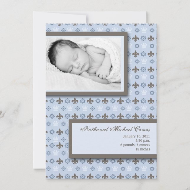 5x7 Boy Blue Fleur De Li Photo Birth Announcement (Front)