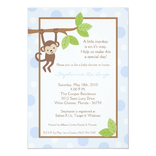 5x7 Boy Blue Monkey Jungle Baby Shower Invitation