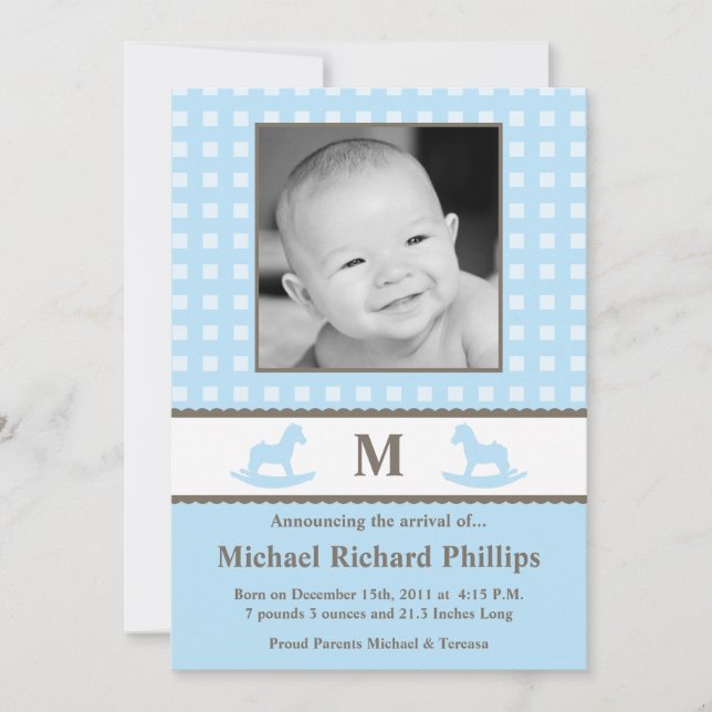 5x7 Boy Blue Monogram PHOTO Birth Announcement (Front)