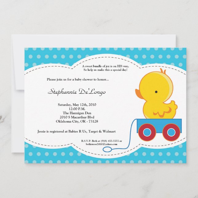5x7 Boy Blue Polkadot Duck Baby Shower Invitation (Front)