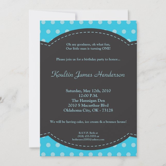 5x7 Boy Blue Polkadot Poke Birthday Invitation (Front)