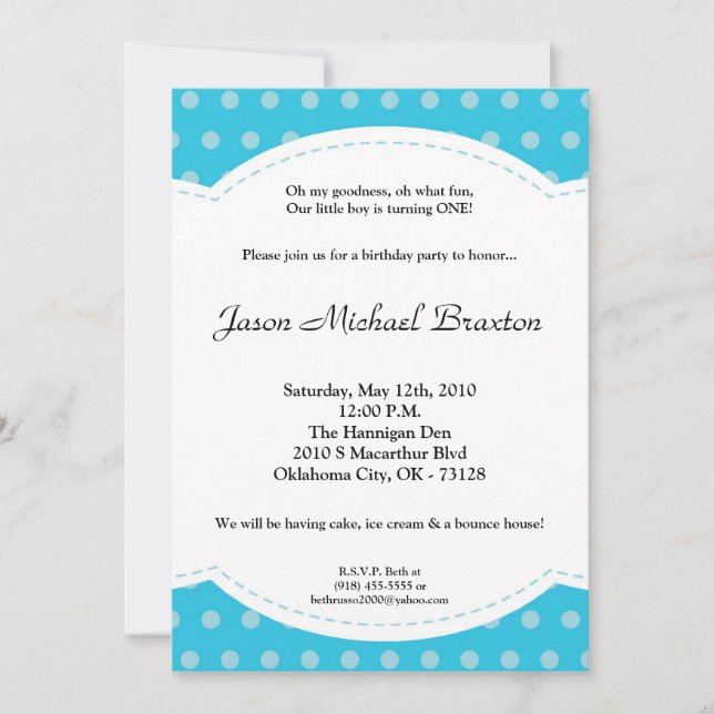5x7 Boy Blue Polkadot Poke Birthday Invitation (Front)