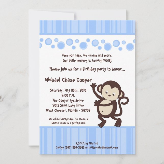5x7 Boy Blue Pop Monkey Birthday Invitation (Front)