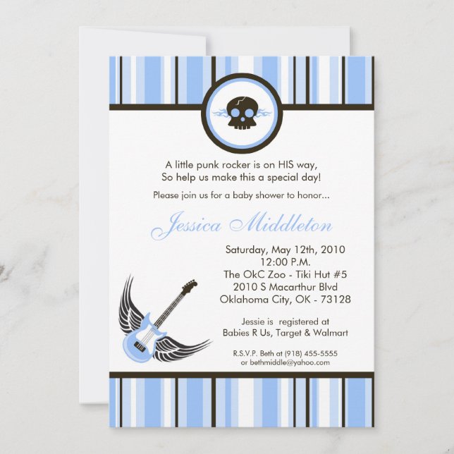 5x7 Boy Blue Punk Rocker Baby Shower Invitation (Front)