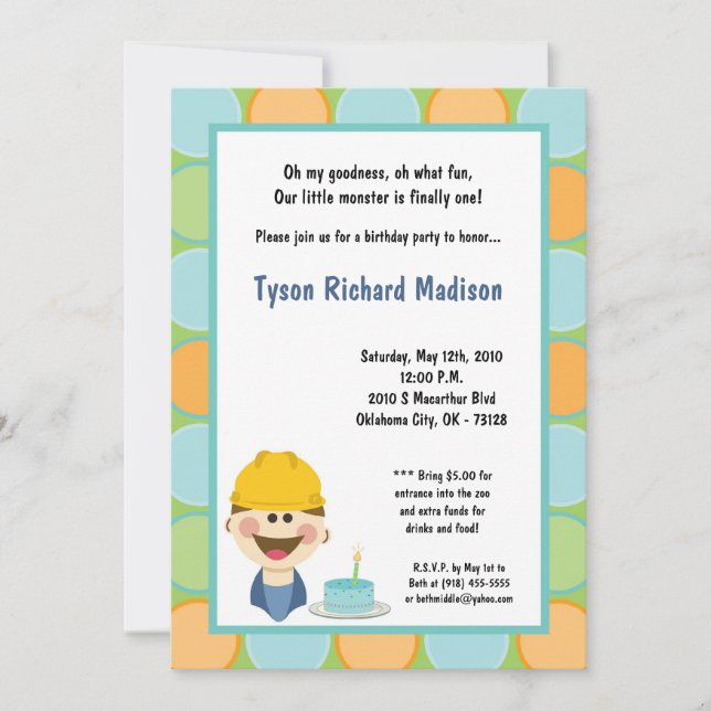 5x7 Boy Hard Hat Worker Birthday Party Invitation (Front)