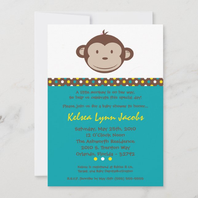 5x7 Boy Modern Mod Monkey Baby Shower Invitation (Front)