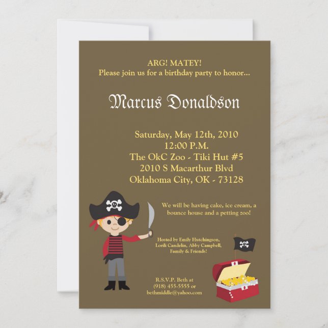 5x7 Boy Pirate Treasure Birthday Party Invitation (Front)