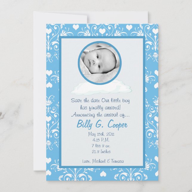 5x7 Boys Circle PHOTO on Cloud Birth Announcement (Front)