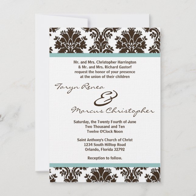 5x7 Brown Damask Lace Linen Wedding Invite (Front)