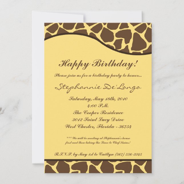 5x7 Brown Giraffe Print Birthday Party Invitation (Front)