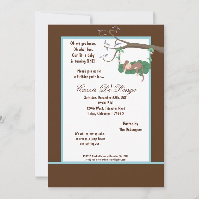 5x7 Brown Monkey Birthday Party Invite (Front)
