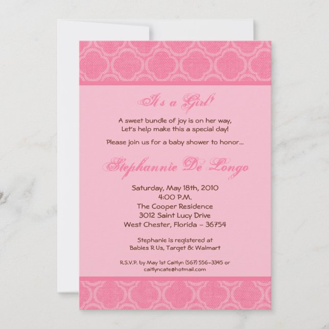 5x7 Bubblegum Damask Print Baby Shower Invitation (Front)