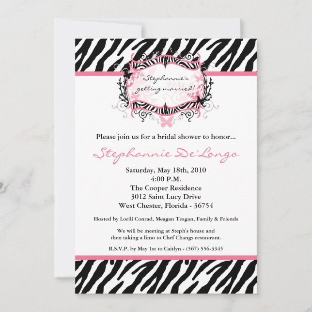 5x7 Butterfly Zebra Print Bridal Shower Invitation (Front)