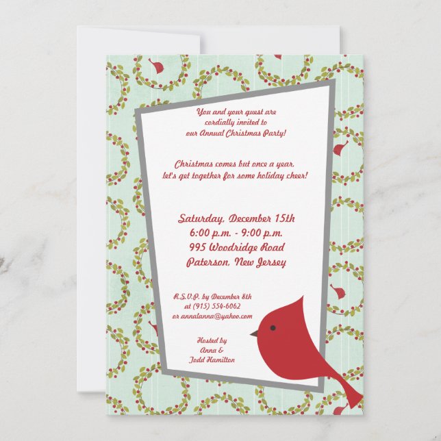 5x7 Cardinal Christmas Bird Invitation (Front)