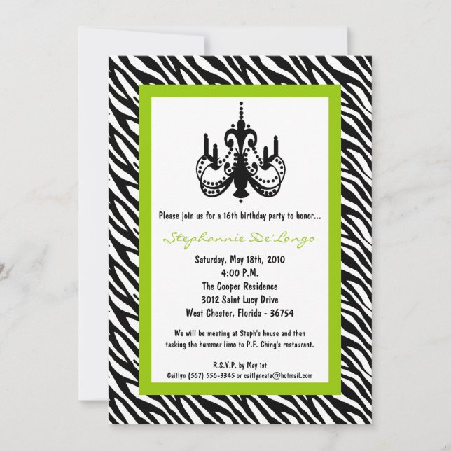 5x7 Chandelier Lime Zebra 16th Birthday Invitation (Front)