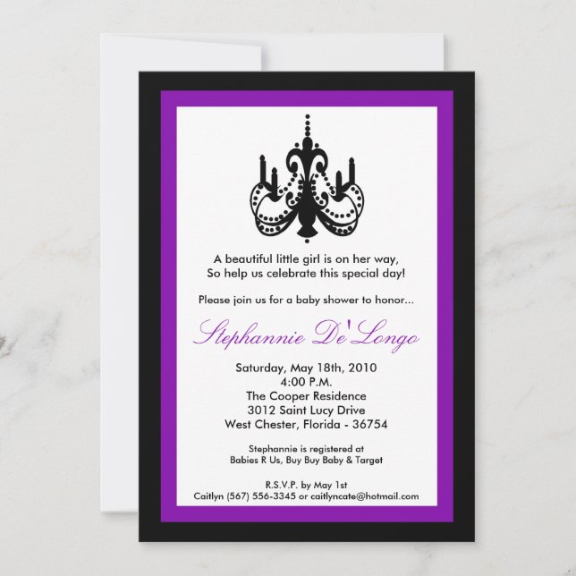 5x7 Chandelier Royal Purple Baby Shower Invitation (Front)