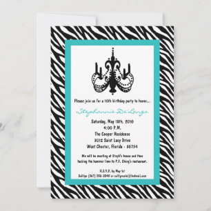 5x7 Chandelier Teal Zebra 16th Birthday Invitation