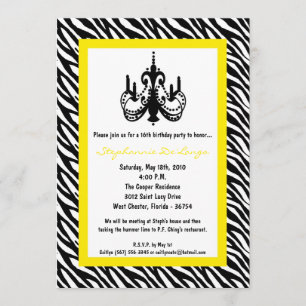 5x7 Chandelier Yell Zebra 16th Birthday Invitation