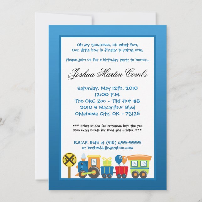 5x7 Choo Choo Train Blue Birthday Party Invitation (Front)