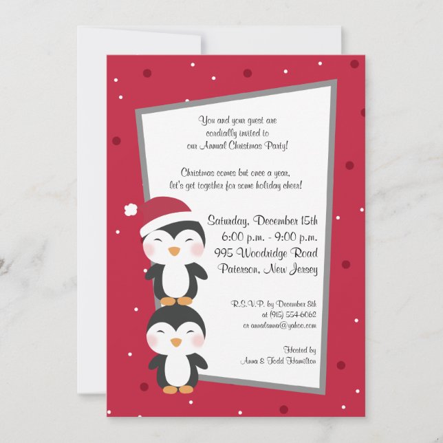 5x7 Christmas Hat Penguin Invitation (Front)