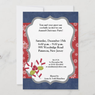 5x7 Christmas Holly on Candy Canes Invitation