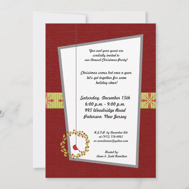 5x7 Christmas Reef / Cardinal Bird Invitation (Front)
