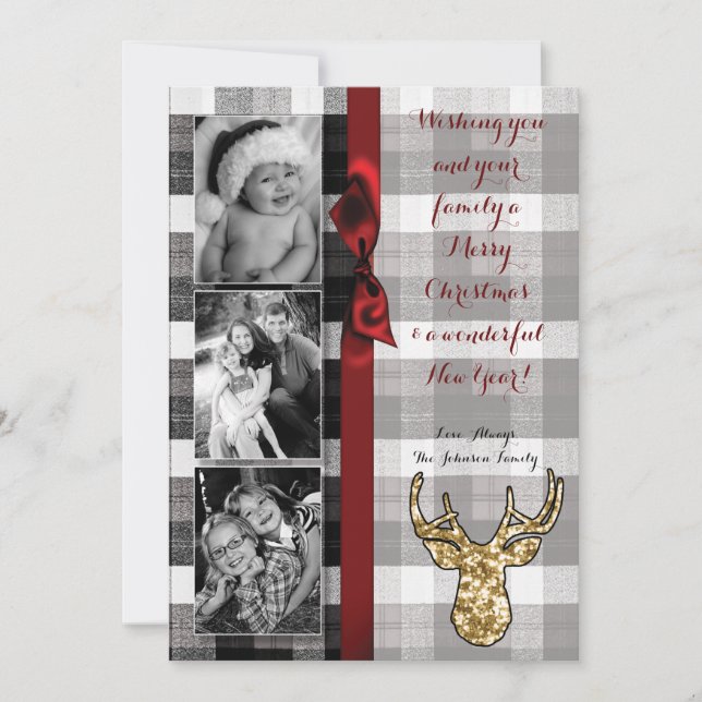 5x7 Christmas XMAS Black Plaid Deer PHOTO Card (Front)