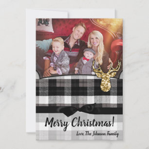 5x7 Christmas XMAS Black Plaid Deer PHOTO Card