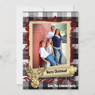 5x7 Christmas XMAS Black Plaid Deer PHOTO Card