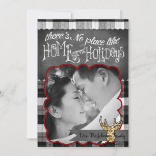 5x7 Christmas XMAS Black Plaid Deer PHOTO Card