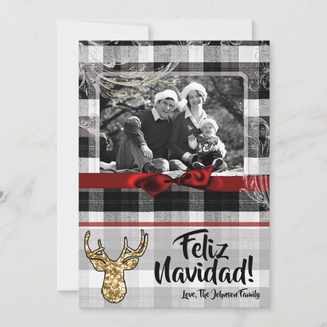5x7 Christmas XMAS Black Plaid Deer PHOTO Card (Front)