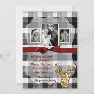 5x7 Christmas XMAS Black Plaid Deer PHOTO Card