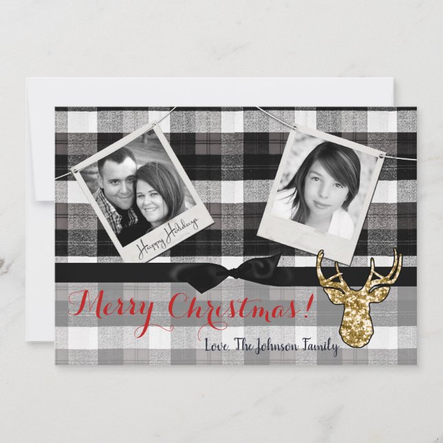 5x7 Christmas XMAS Black Plaid Deer PHOTO Card (Front)