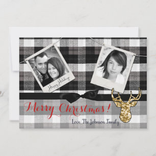 5x7 Christmas XMAS Black Plaid Deer PHOTO Card